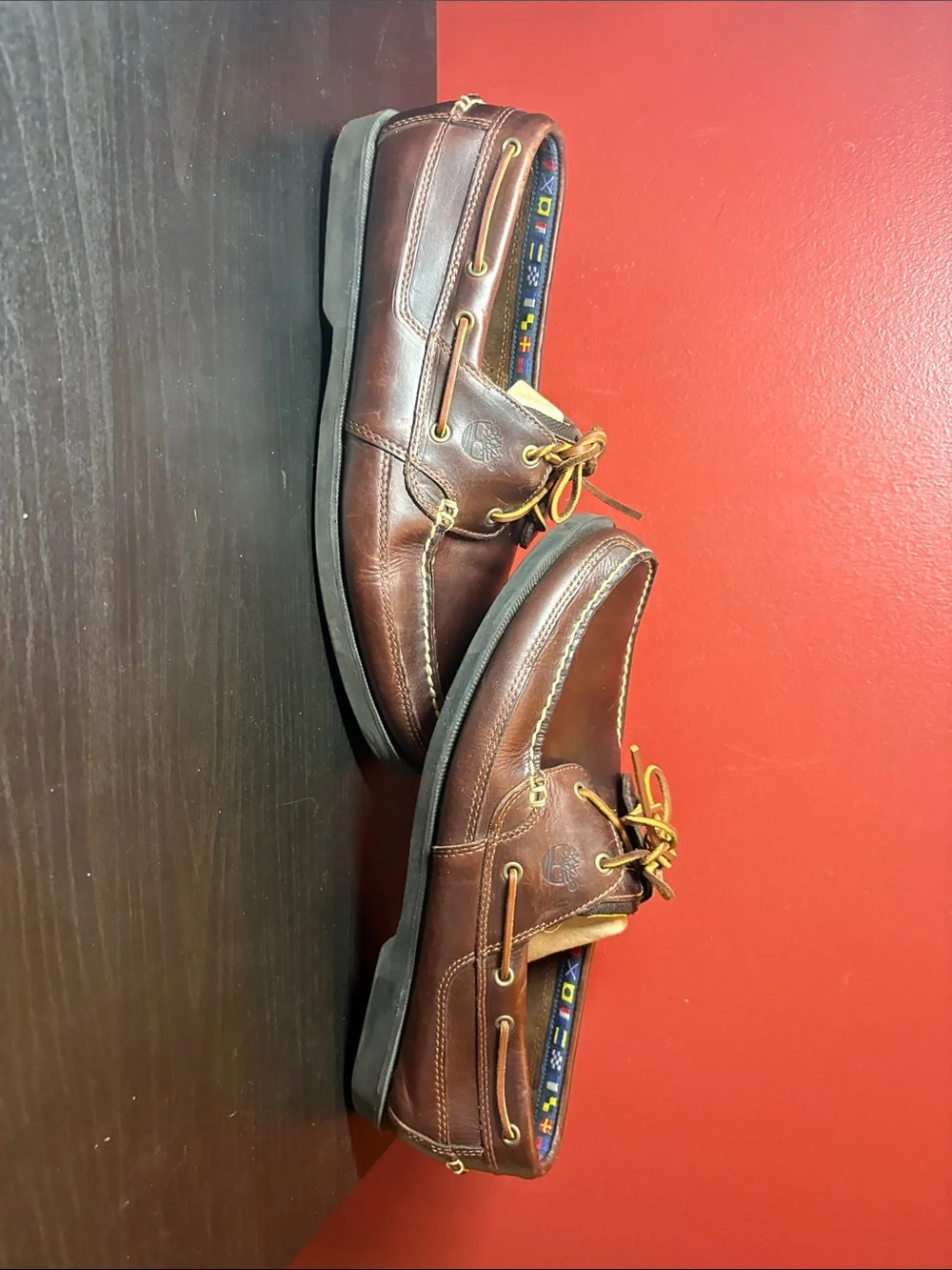 Timberland Brown Leather Boat Shoes with Yellow Laces